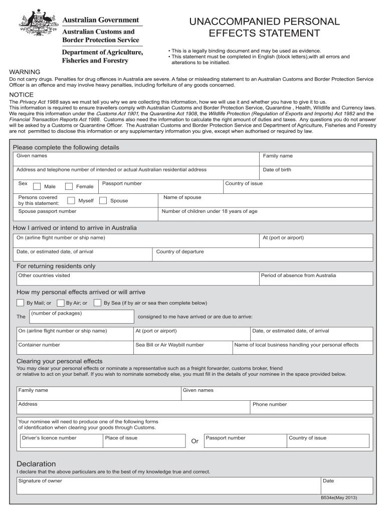 B534 Form Australian Customs Service 2013